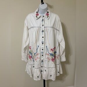 Pilcro White Shirt with Pink Floral Embroidery
